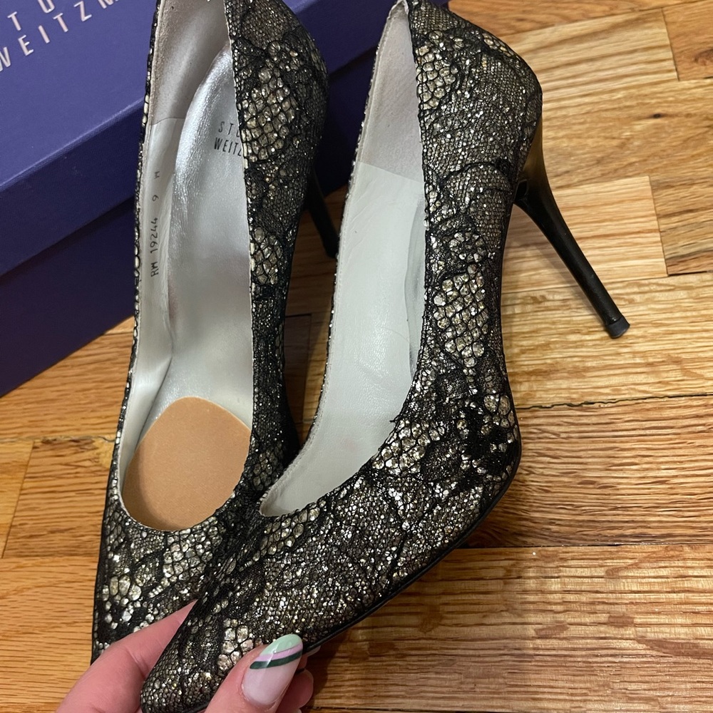 Stuart Weitzman Glitter and Lace Heels